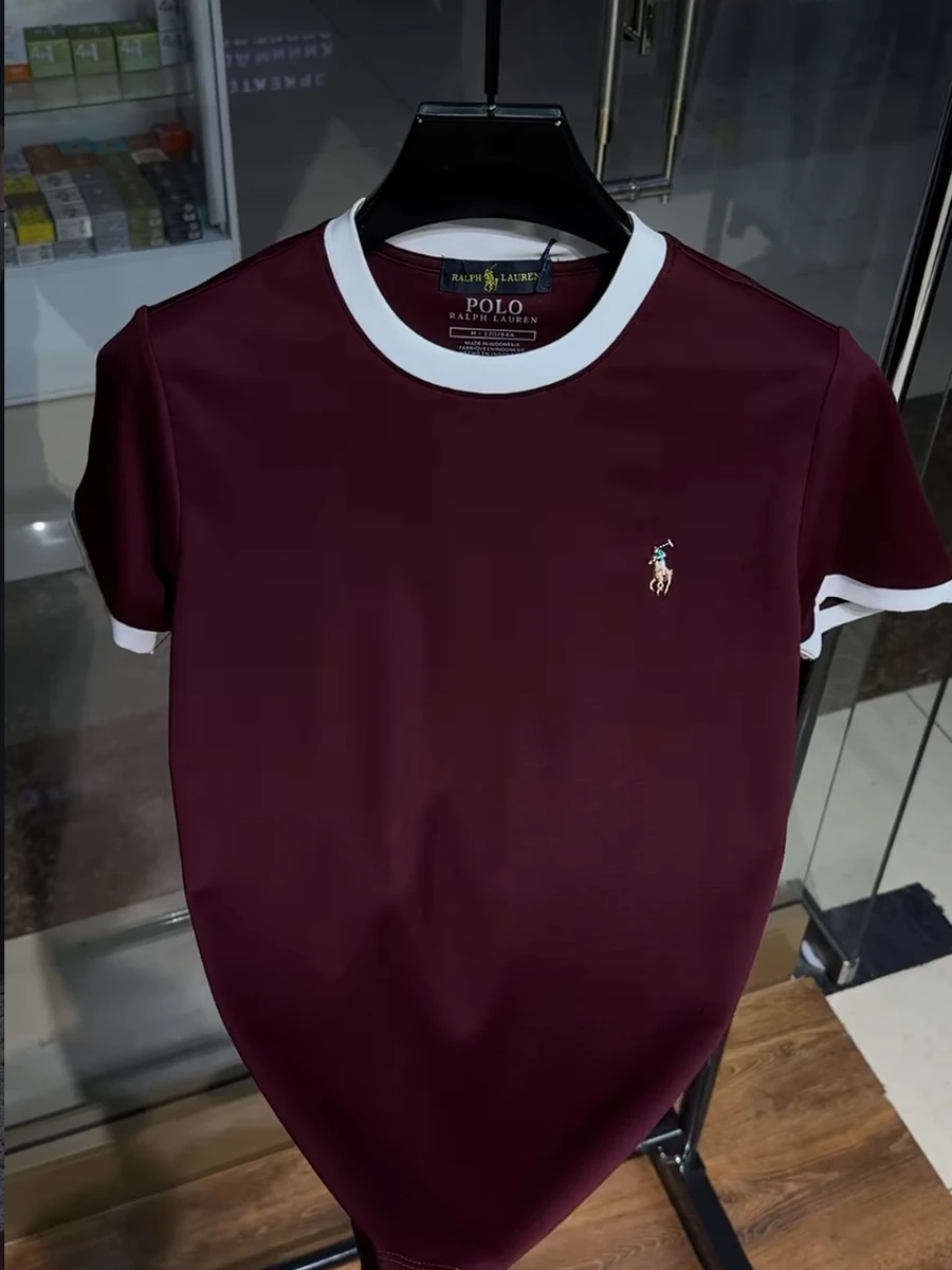 Мужская бордовая футболка поло без воротника Polo Ralph Lauren