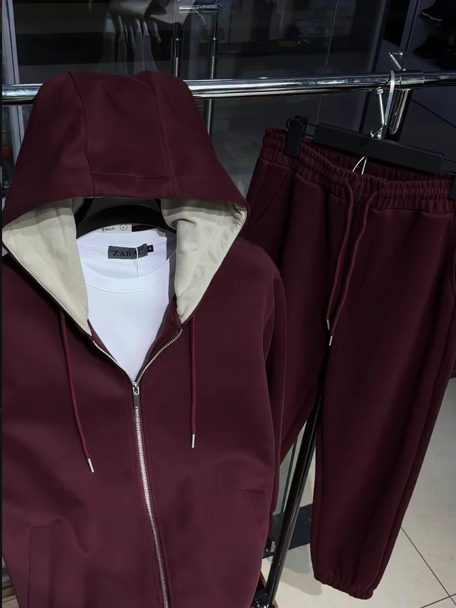 Бордовая мужская двойка - худи на молнии + брюки
