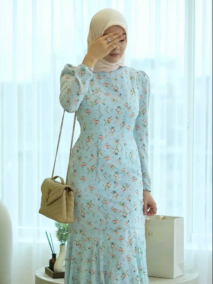 Женское голубое платье в цветочек, длинное платье с длинным рукавом, приталенное, весна-лето