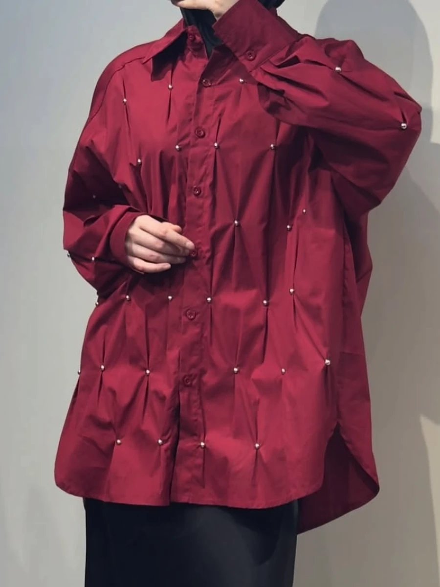 Рубашка женская удлиненная, бордовая, свободный крой, длинный рукав, декоративный декор
